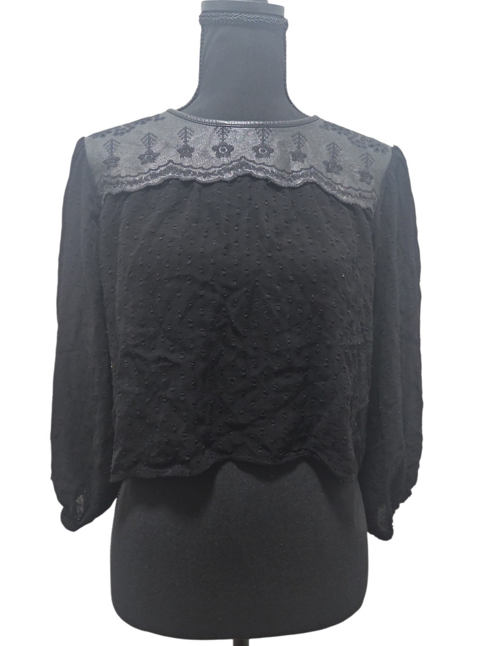 Zara Woman Black Embroidered Yoke Peasant Blouse Size Medium